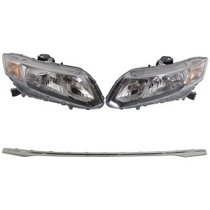 Headlight Assembly Kit for 2013-2015 Honda Civic, Right (Passenger) and Left (Driver), 3-Piece, Halogen, Compatible with Coupe (2013-2013)/Sedan, Includes Bumper Trim, Replacement