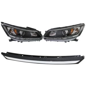 Headlight Assembly Kit for 2013-2015 Honda Accord Sedan, EX-L/Touring Models, 6 Cylinder, Right (Passenger) and Left (Driver), 3-Piece, Halogen with LED Daytime Running Light, includes Bumper Trim, Replacement