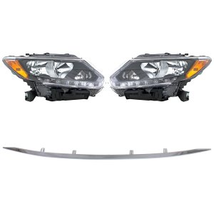 Headlight Assembly for 2014-2016 Nissan Rogue, Right (Passenger) and Left (Driver), 4-Piece kit with Halogen and Bumper Trim, Replacement