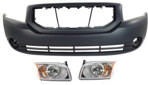 Front Bumper Cover Kit for Dodge Caliber 2007-2012, 3-Piece with Headlights, Replacement