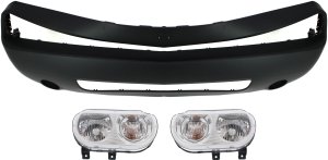 Front Bumper Cover for Dodge Challenger 2008-2010, 3-Piece Kit with Headlights, Replacement