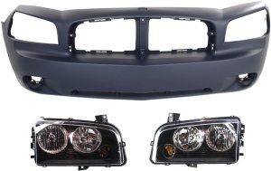 Headlight Assembly for 2006-2007 Dodge Charger, Right (Passenger) and Left (Driver) Halogen, 3-Piece Kit with Bumper Cover - Replacement