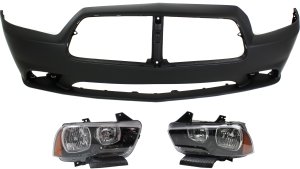 Headlight Assembly for Dodge Charger 2011-2014, Right (Passenger) and Left (Driver), Halogen, 3-Piece Kit with Bumper Cover, Replacement