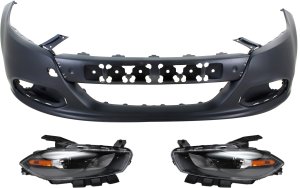 Headlight Kit for Dodge Dart 2013-2016, Right (Passenger) and Left (Driver), Lens and Housing, Xenon, 3-Piece with Bumper Cover, Replacement