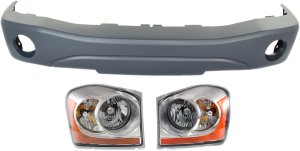 Headlight Assembly for 2006 Dodge Durango, Right (Passenger) and Left (Driver), 3-Piece kit with Halogen and Bumper Cover, Replacement