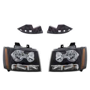 Headlight Assembly Kit for Chevrolet Suburban 1500/Tahoe 2007-2014, Right (Passenger) and Left (Driver), 4-Piece Halogen with Bumper Trim, Replacement