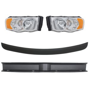 Headlight Assembly Kit for Dodge Ram 1500 (2002-2005) / 2500/3500 (2003-2005), Right (Passenger) and Left (Driver), 5-Piece, Halogen, w/o bulb and wiring harness for side marker light, with Bumper Trim, Replacement