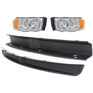 Headlight Assembly Kit for 2003-2005 Dodge Ram Full Size Pickup, Right (Passenger) and Left (Driver), 5-Piece, Halogen, without Bulb and Wiring Harness for Side Marker Light, with Bumper Trim, Replacement