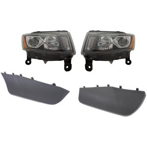 Headlight Assembly Kit for Jeep Grand Cherokee 2014-2016, Right (Passenger) and Left (Driver), 4-Piece Set, Halogen, with Bumper Trim, Replacement