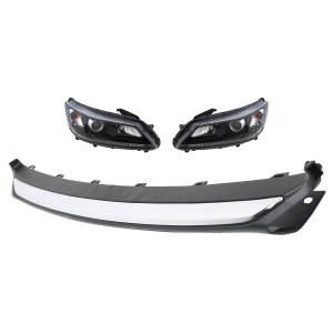Headlight Assembly for Honda Accord 2013-2015, Right (Passenger) and Left (Driver), 3-Piece Kit, Halogen, with Bumper Trim. Replacement