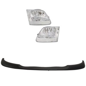 Headlight Kit for Ford F-150 1999-2003 / F-150 Heritage 2004 with Right (Passenger) and Left (Driver) Lights, 4-Piece Set, Lens and Housing, Halogen, Day Time Running Light, Black Bezel, Bumper Trim, Replacement
