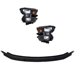 Headlight Kit for Ford F-150 2015-2017, Right (Passenger) and Left (Driver), 4-Piece Set, Lens and Housing, Halogen, with Day Time Running Light, Black Bezel, Includes Bumper Trim, Replacement