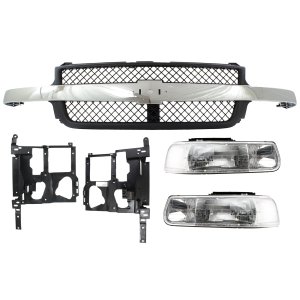 Grille and Headlight Kit for 2001-2002 Chevrolet Silverado 2500 HD/Silverado 3500, 5-Piece with Headlight Brackets, Replacement