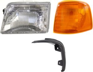 Headlight Assembly for 1995-1997 Ford Ranger, Left (Driver) Side, 3-Piece Kit with Halogen Bulb, Corner Light, and Grille Assembly, Replacement