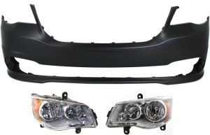 Headlight Kit for 2011-2020 Chrysler Grand Caravan, Right (Passenger) and Left (Driver) with Bulbs, 3-Piece Kit includes Bumper Cover, Replacement