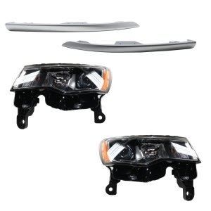 Headlight Assembly for Jeep Grand Cherokee 2017-2021, Right (Passenger) and Left (Driver), 4-Piece kit, Halogen, with Bumper Trim, Replacement 