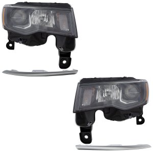 Headlight Assembly for Jeep Grand Cherokee (2017-2021), Right (Passenger) and Left (Driver), 4-Piece Kit, Halogen, with Bumper Trim, Replacement