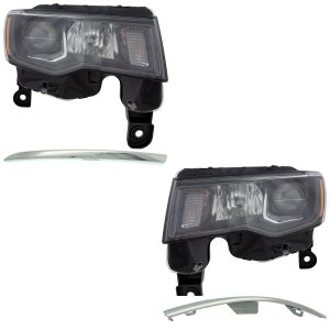 Headlight Assembly Kit for 2017-2021 Jeep Grand Cherokee, Right (Passenger) and Left (Driver), 4-Piece Set with Halogen Bulbs and Bumper Trim, Replacement