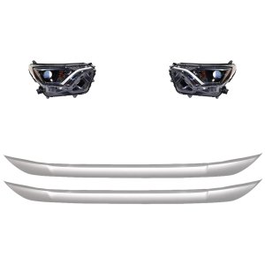 Headlight Assembly for 2016-2016 Toyota RAV4, 4-Piece kit, Right (Passenger) and Left (Driver), Halogen, With Chrome Bezel, With Bumper Trim, Replacement
