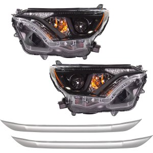 Headlight Assembly Kit for Toyota RAV4 2016-2016, Right (Passenger) and Left (Driver), 4-Piece Kit, Halogen, With Black Bezel, With Bumper Trim, Replacement