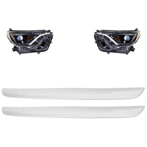 Headlight Assembly Kit for Toyota RAV4, 2017-2018 Models, Right (Passenger) and Left (Driver), 4-Piece Kit with Chrome Bezel, Halogen, Includes Bumper Trim, Replacement