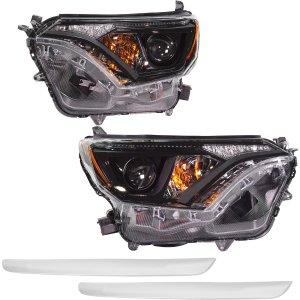 Headlight Assembly Kit for 2017-2018 Toyota RAV4, Right (Passenger) & Left (Driver), 4-Piece set, Halogen, With Black Bezel, Includes Bumper Trim, Replacement