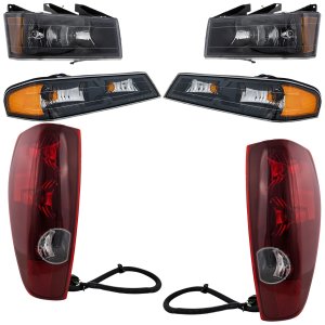 Headlight and Tail Light Assembly Kit for Chevrolet Colorado/Canyon 2004-2012, Right (Passenger) and Left (Driver) Side, 6-Piece, Halogen, Black Interior, without Xtreme Package, Replacement