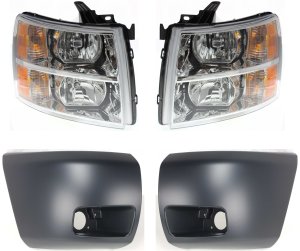 Headlight Assembly for Chevrolet Silverado 1500 2007-2013, Right (Passenger) and Left (Driver), Halogen, 4-Piece kit with Bumper Ends, Replacement