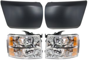 Headlight Assembly for Chevrolet Silverado 1500 (2007-2013) Right (Passenger) & Left (Driver), Halogen, 4-Piece Kit with Bumper Ends, Replacement