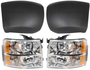 Headlight Assembly for Chevrolet Silverado 1500 (2007-2013), Right (Passenger) and Left (Driver), Halogen, 4-Piece Kit with Bumper Ends Replacement