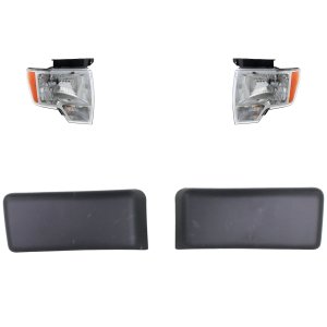 Headlight Assembly Kit for Ford F-150 2009-2014, Right (Passenger) and Left (Driver), 4-Piece, Halogen, With Chrome and Bumper Trim, Replacement