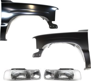 Front Fender for Chevrolet Silverado 1999-2002 / Tahoe 2000-2006, Right (Passenger) & Left (Driver), 4-Piece Kit with Headlights, Replacement