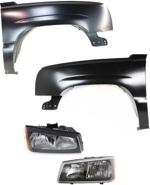 Front Fender Right (Passenger) and Left (Driver) for Chevrolet Silverado, 2003-2007, 4-Piece Kit Includes Headlight, Replacement