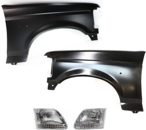 Front Fender for Ford F-150/F-250 1997, Right (Passenger) and Left (Driver), 4-Piece Kit with Headlights, Replacement