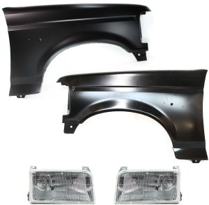 Front Fender Kit for Ford F-Series/F-Super Duty (1992-1997) Right (Passenger) and Left (Driver), Primed (Ready to Paint), 4-Piece with Headlights, Replacement