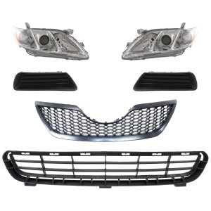 Headlight Kit for Toyota Camry 2007-2009, Right (Passenger) and Left (Driver), 6-Piece Set with Lens, Housing, Halogen, Bumper Grille, Fog Light Cover and Grille Assembly, Replacement