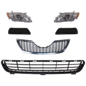 Headlight Kit for 2007-2009 Toyota Camry- Right (Passenger) and Left (Driver), 6-Piece, with Lens and Housing, Halogen, Includes Bumper Grille, Fog Light Cover and Grille Assembly, Replacement