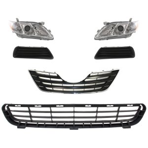 Headlight Kit for 2007-2009 Toyota Camry, 6-Piece with Right (Passenger) and Left (Driver), Includes Lens and Housing, Halogen, Bumper Grille, Fog Light Cover and Grille Assembly Replacement