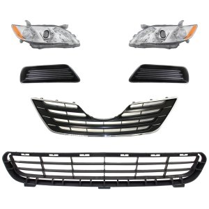 Headlight Kit for 2007-2009 Toyota Camry, Right (Passenger) and Left (Driver), 6-Piece Kit with Lens, Housing, Halogen, Bumper Grille, Fog Light Cover, Grille Assembly, Replacement