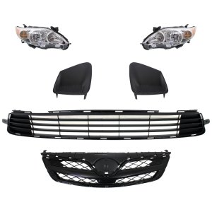 Headlight Assembly Kit for Toyota Corolla 2011-2013, Right (Passenger) and Left (Driver), 6-Piece, with Bumper Grille, Fog Light Cover, Grille Assembly, Halogen, Replacement