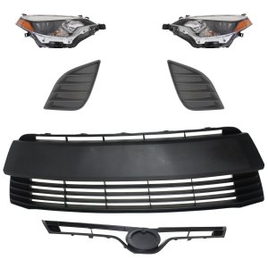 Headlight Assembly Kit for 2014-2016 Toyota Corolla, Right (Passenger) and Left (Driver), 6-Piece with LED, includes Bumper Grille, Fog Light Cover and Grille Assembly, Replacement