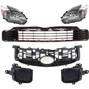 Headlight Kit for 2010-2011 Toyota Prius, Right (Passenger) and Left (Driver), 6-Piece with Lens, Housing, Halogen, Bumper Grille, Fog Light Cover and Grille Assembly Replacement