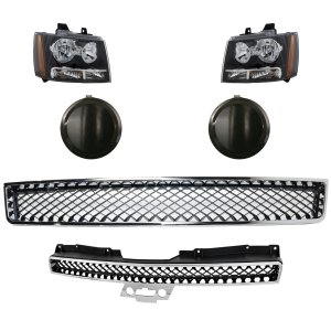 Headlight Assembly Kit for Chevrolet Avalanche 2007-2013, Tahoe 2007-2014, Right (Passenger) and Left (Driver), 6-Piece, Halogen, with Bumper Grille, Fog Light Cover, Grille Assembly, Replacement