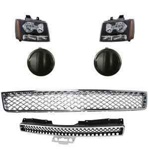Headlight Assembly Kit for Chevrolet Avalanche 2007-2013, Tahoe 2007-2014, 6-Piece Right (Passenger) and Left (Driver) Halogen with Bumper Grille, Fog Light Cover and Grille Assembly Replacement