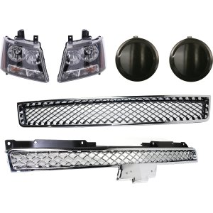 Upper Grille 6-Piece Kit for Chevrolet Avalanche 2007-2013 / Tahoe 2007-2014 with Polished Bumper Grille, Fog Light Cover, and Headlight Replacement