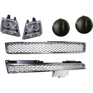 Upper Grille Kit for Chevrolet Avalanche 2007-2013 / Tahoe 2007-2014, 6-Piece Polished with Bumper Grille, Fog Light Cover and Headlight Replacement