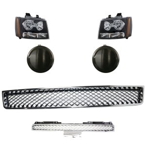 Headlight Assembly Kit for Chevrolet Avalanche 2007-2013 / Tahoe 2007-2014, Right (Passenger) and Left (Driver), 6-Piece Halogen, with Bumper Grille, Fog Light Cover and Grille Assembly, Replacement