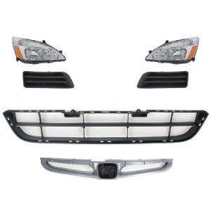 Headlight Assembly Kit for 2006-2007 Honda Accord, Right (Passenger) and Left (Driver), 6-Piece with Halogen, Bumper Grille, Fog Light Cover, and Grille Assembly Replacement