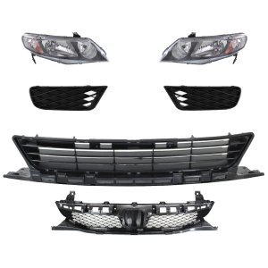 Headlight Kit for 2009-2011 Honda Civic, Right (Passenger) and Left (Driver), 6-Piece with Lens and Housing, Halogen, Bumper Grille, Fog Light Cover and Grille Assembly, Replacement
