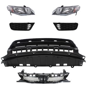 Headlight Kit for 2009-2011 Honda Civic, Right (Passenger) and Left (Driver), 6-Piece Kit includes Lens and Housing, Halogen, with Bumper Grille, Fog Light Cover and Grille Assembly, Replacement